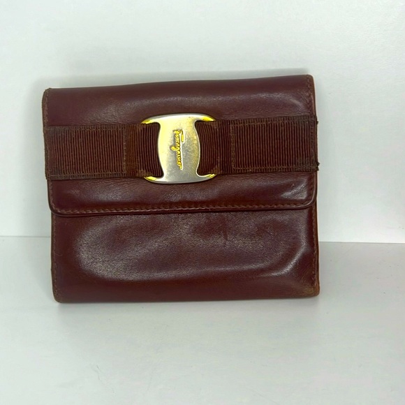 Salvatore Ferragamo Brown Leather Compact Trifold Unisex Luxury Wallet